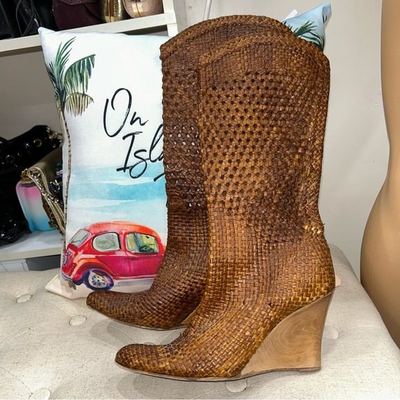 Kenneth Cole Shoes - Woven Leather Wedge Boots - Brown